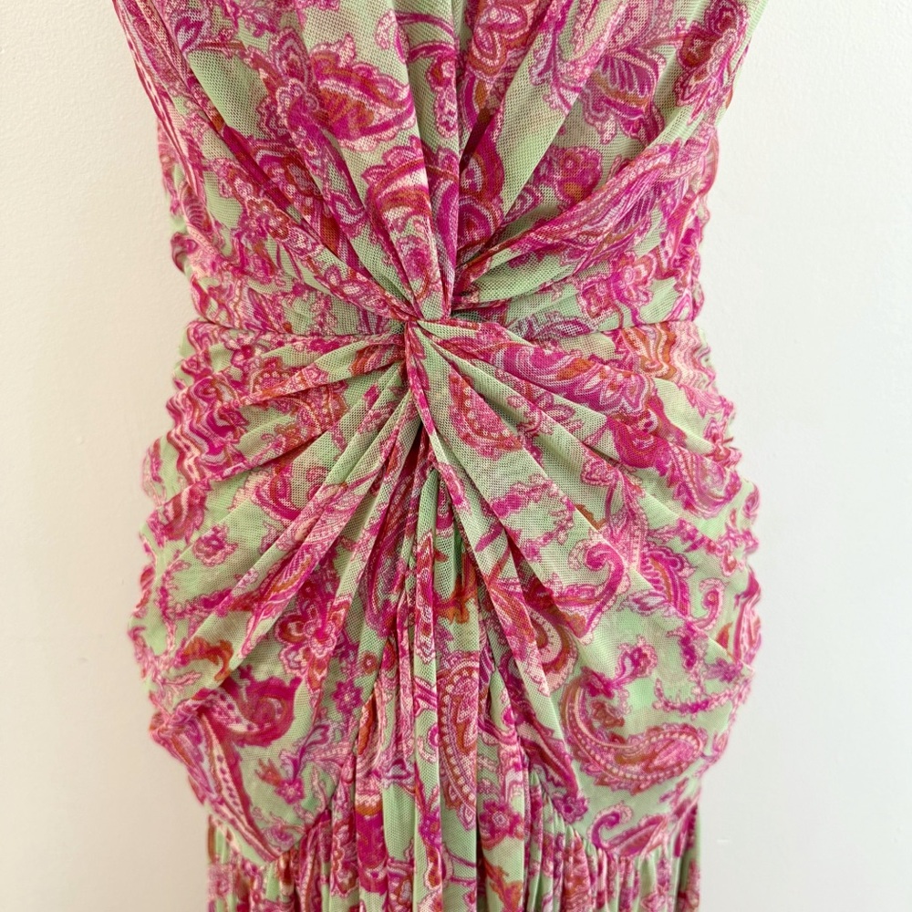 MISA PINK GREEN VINTAGE PAISLEY PRINT AVA MESH TWIST FRONT SLEEVELESS MIDI DRESS - Picture 7 of 14